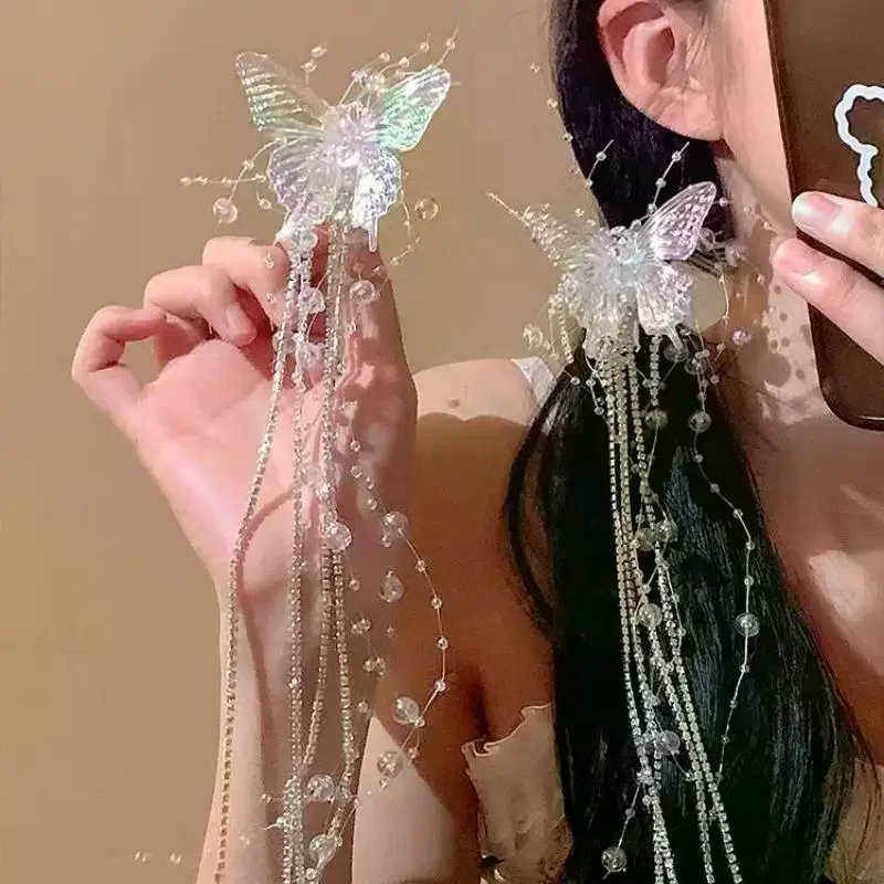 Longue pince à cheveux papillon perlée avec pompon pour femme, style féerique, douce princesse, accessoire de mode pour mariée