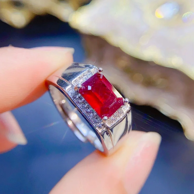 

1.5ct Emerald Cut Ruby Ring for Man 6mm*8mm Natural Heated Ruby Silver Ring 18K Gold Plating Ruby Man Jewelry