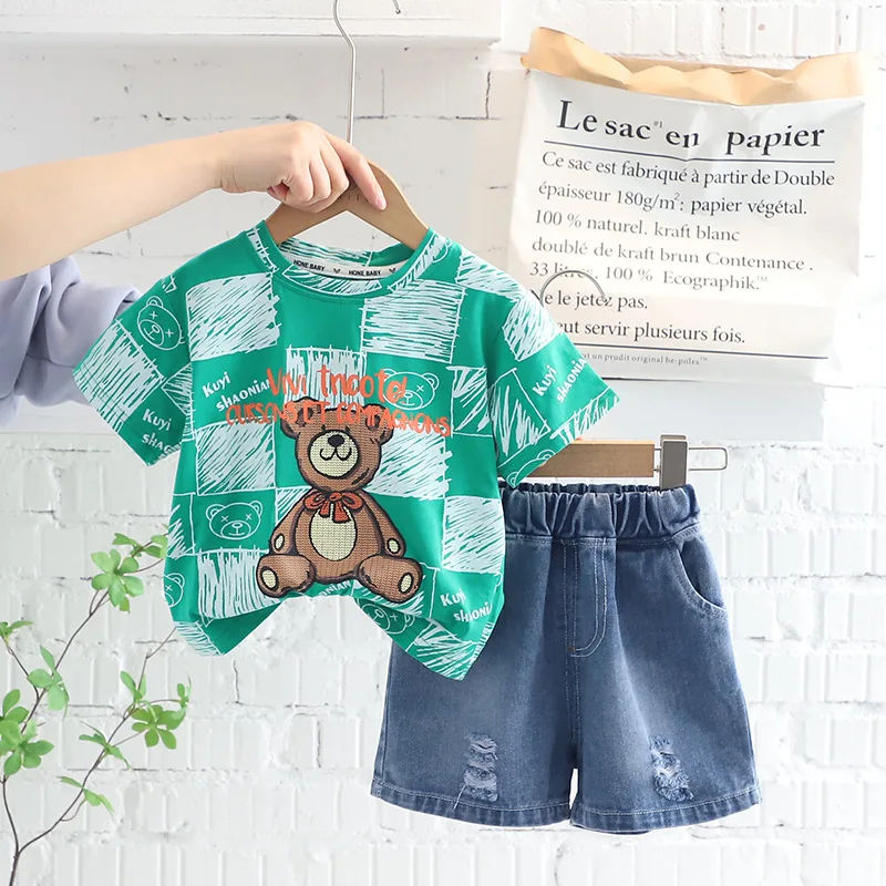 

Personalized Graffiti Boys Summer Short Sleeve Tops Jeans Shorts Set New Fashion Boys Baby Clothes Children's 2Piece Sport Set