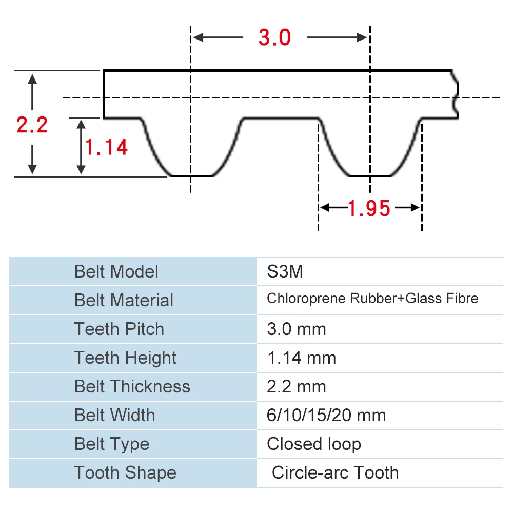 Timing Belt S3M219 222 225 228 231 234 237 240 246 249 252 255 258 Black Pulley Belt Circular Arc Teeth  6/10/15/20 mm Width