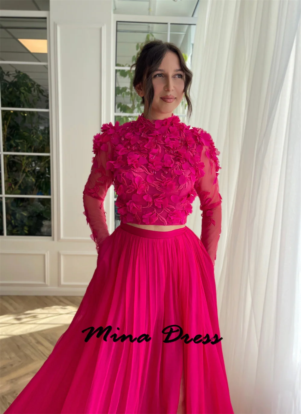 Mina Two Piece Special Occasion Dresses for Formal Occasions Long Sleeves Crew Neck Evening Dresses 2024 Luxury Side Slits Dress