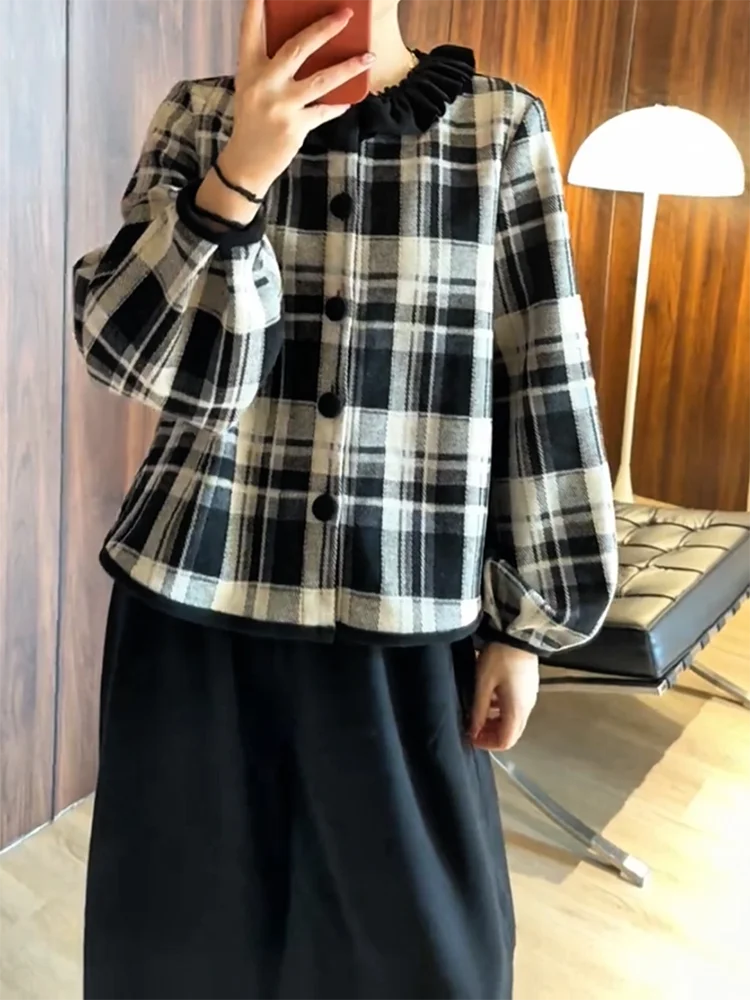 

Корейское шерстяное пальто в клетку, большие размеры, универсальное, стройнящее, омолаживающее, для осени и зимы, модная женская одежда больших размеров