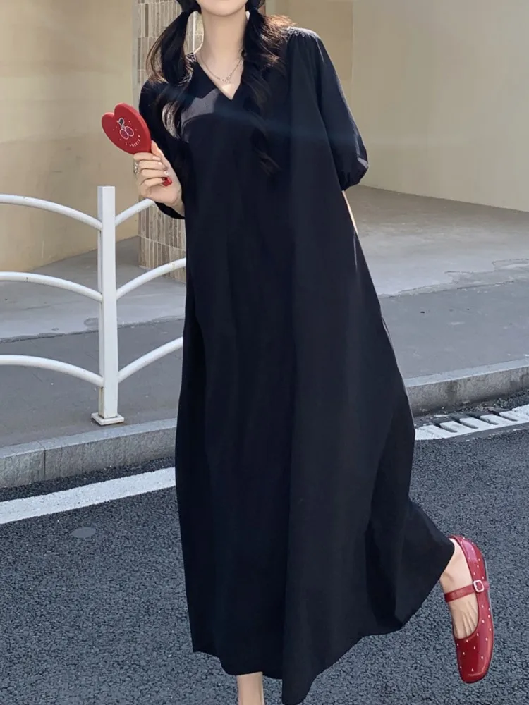 퍼프 슬리브 여름 빈티지 여성 드레스 새로운 높은 허리 솔리드 v 넥 캐주얼 루즈 a 라인 드레스 여성 vestidos