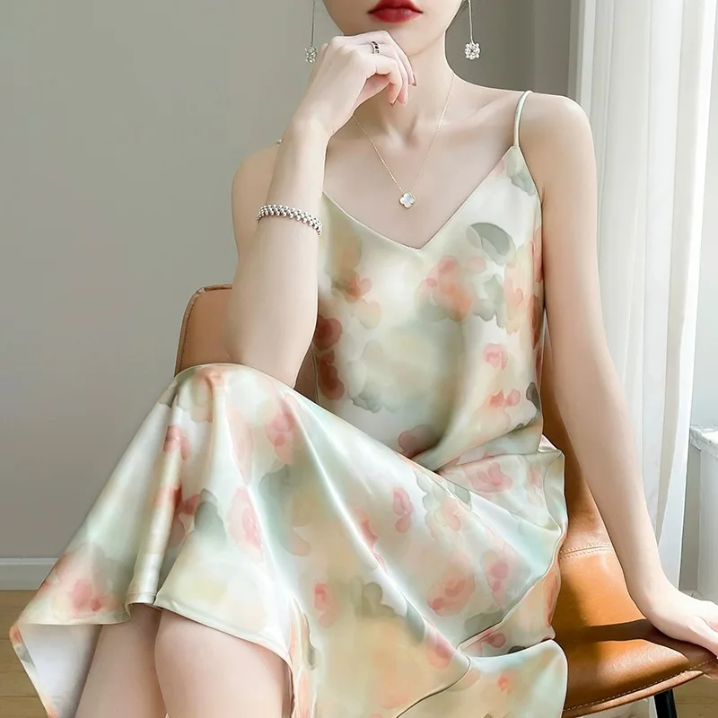 Ele الحرير الساتان الأزهار طباعة V-Ne ألف خط طويل الدكتور المرأة الصيف التخسيس حزام الدكتور الكورية Sle تنورة عالية الخصر #1