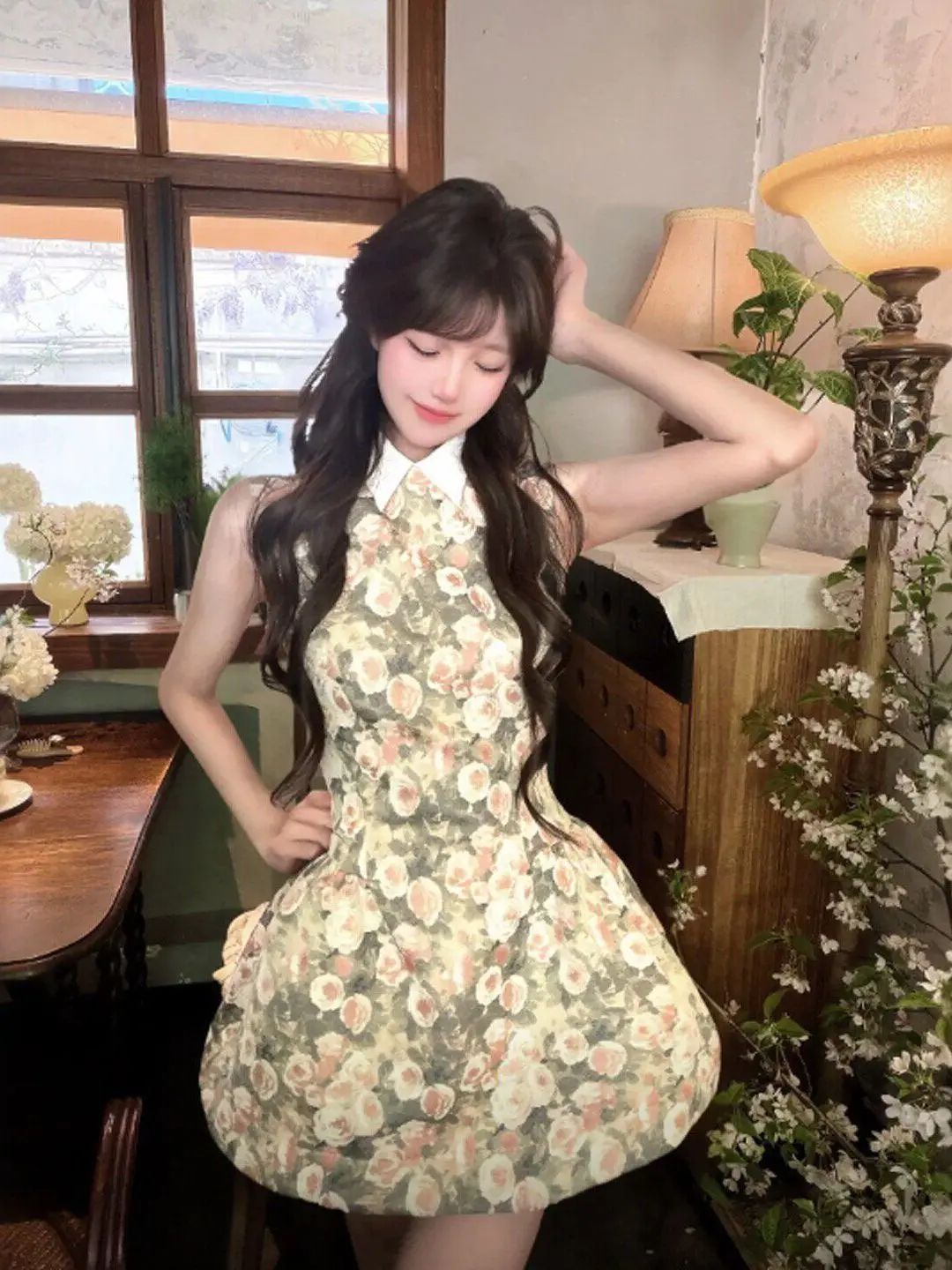 Retro Oil Painting Sleeveless Floral Dress Women's Summer  Collar Waist Cinching Slimming Initials Dress City Commute