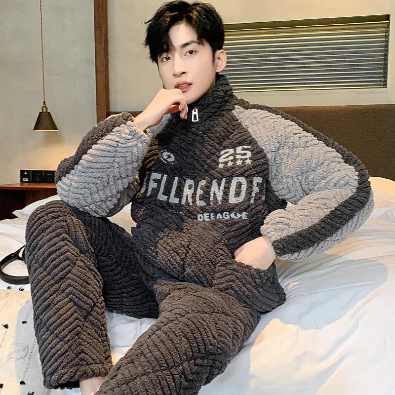 Plus Size Winter Thickened Cotton-Padded Pajamas Set Warm Flannel Men Sleepwear Trouser Suits Loose Home Clothes Lounge Wear