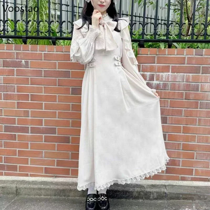 Japanese Style Gothic Y2k Lolita Dress Bow Lace Ruffles Long Sleeve Elegant Midi Dresses Sweet Women Casual Punk Party Vestidos