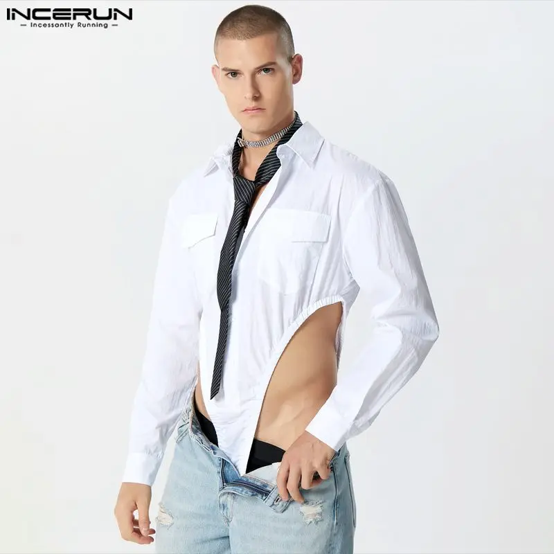 

INCERUN 2023 Fashion Mens Rompers Pocket Solid Side High Fork Lapel Design Jumpsuit Casual Long Sleeved Triangle Bodysuits S-5XL