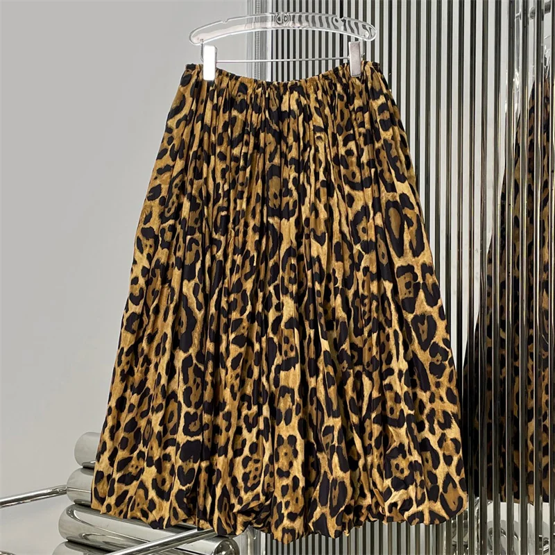 women's skirt New leopard print long dress for summer 2026 Low waist pleated slim fit long skirt Flower bud shaped midi skirt