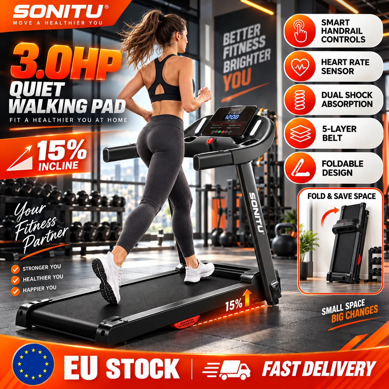 Tapis de course pliable SONITU P9 3.0HP avec inclinaison de 15 %, vitesse jusqu'à 14 km/h, commandes intelligentes sur la barre de maintien, surveillance de la fréquence cardiaque, double absorption des chocs et bande de course à 5 couches pour la remise en forme à domicile