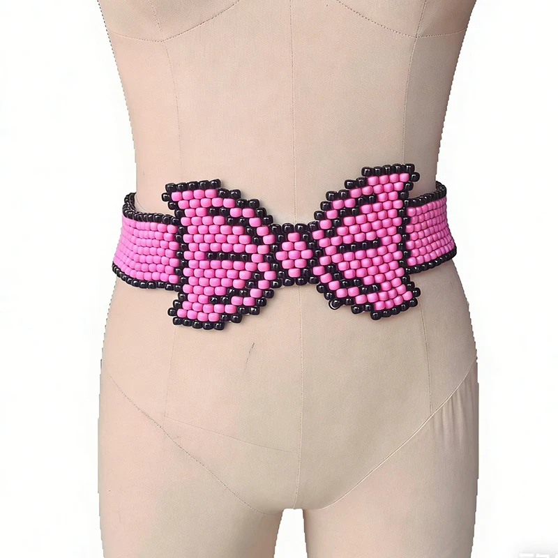 Weibliches Rave-Festival-Outfit, Boho-Taillengürtel für Frauen, Schleifenknoten-Kandi-Gürtel, rosa Perlengürtel