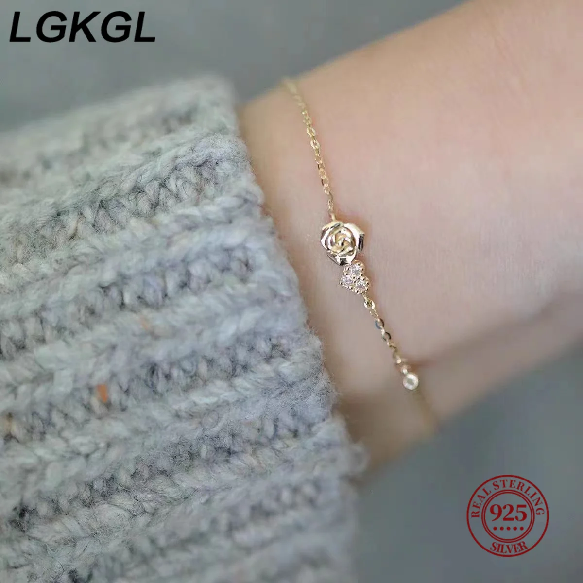 LGKGL Korea Hollow Zircon Flower Bracelet 925 Sterling Silver Plating 14K Gold Bracelet for Women Temperament Jewelry Gift