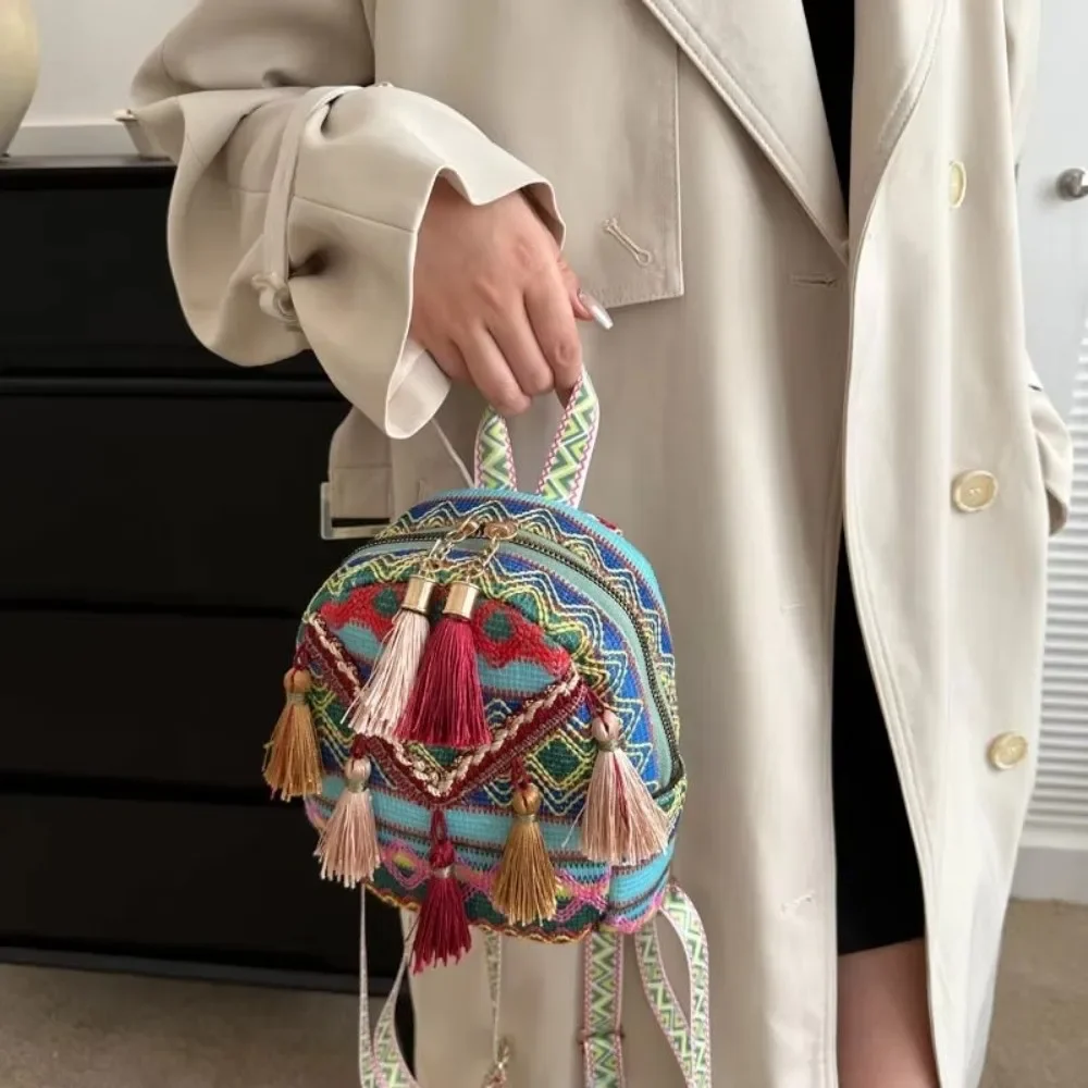 جديد شرابة المنسوجة حقيبة مزدوجة نمط فريد من نوعه المنسوجة الملمس حقيبة من القماش نمط العرقية على ظهره المرأة #5