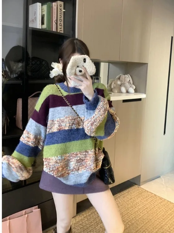 

plus Size Women's Rainbow Stripes Loose Casual Knitwear Autumn Winter New Style Color Block Sweater Trendy Comfortable Fashion