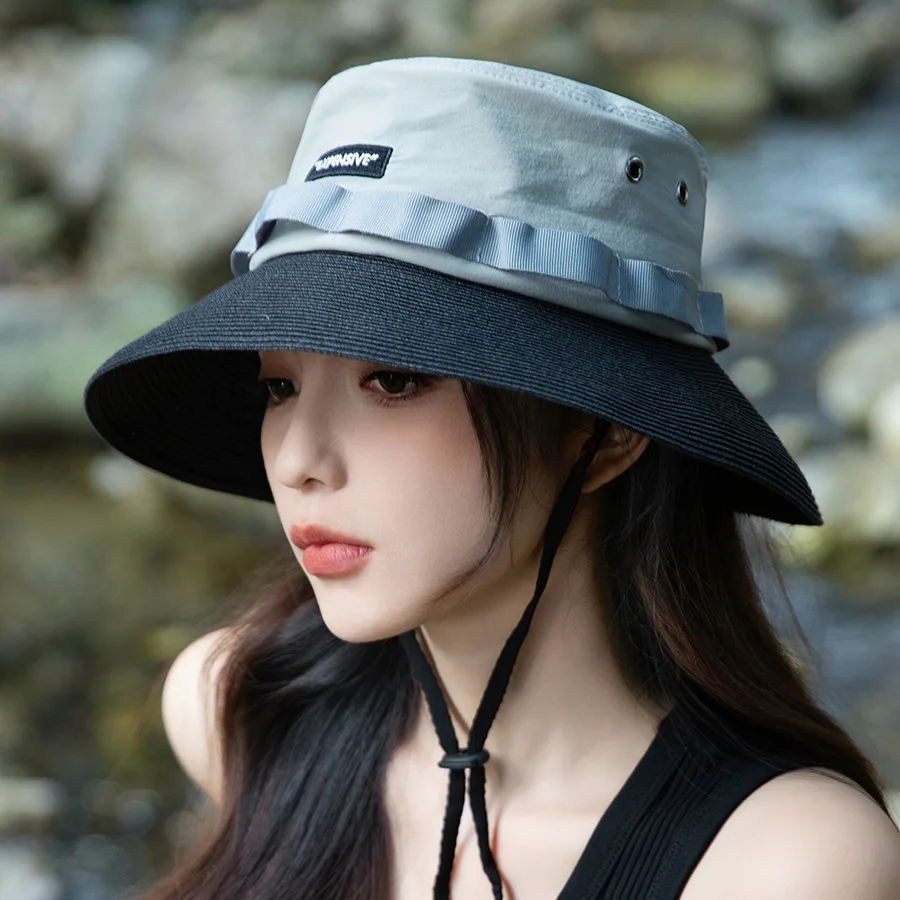 Men Women Unisex Splicing Fine Straw Waterproof Hiking Hat Outdoor Travel Sunscreen Colorblocking Fisherman Hat Female Shade Hat