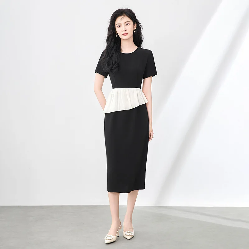 

2506907-Elegant Temperament Acetate Satin Spliced Shiny Silk Wrinkled Waist Ruffle Short Sleeve Dress Women Summer South Oil