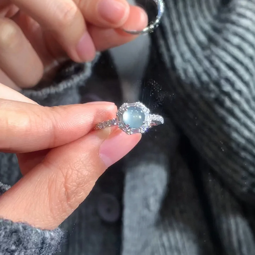 Fresh texture simple ring dazzling silver 925 inlaid natural chalcedony rings for women Beautiful and unique Wedding jewelry
