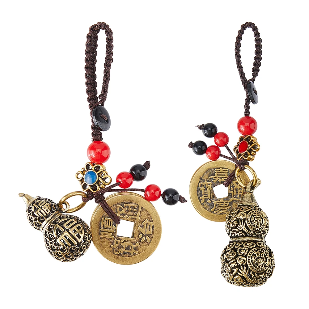 2Pcs Luck with Brass Calabash Wu Lou Key Chain Good Luck Keychains Pendant Beautiful Gourd Keychain for Wealth Success