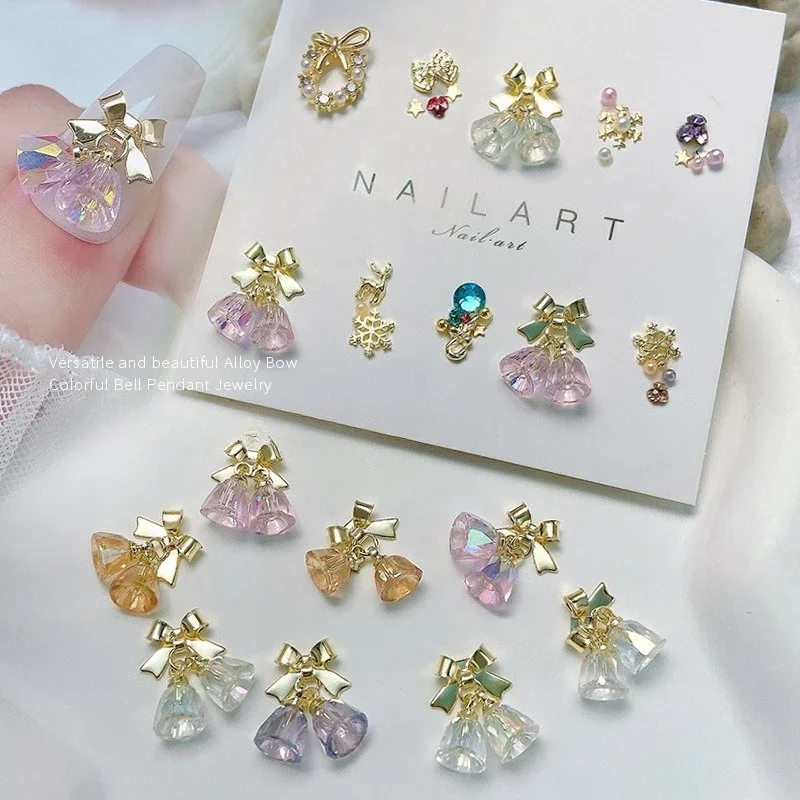 1Pc crystal bell nail charm, Christmas bow pendant alloy with transparent colored crystal for trendy holiday nail art decoration