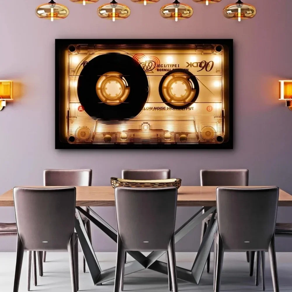Multiple sizes 1pc frameless Canvas Painting,Vintage Golden Cassette Tape Canvas Wall Art  Retro Glow Audio Tape Poster  80s 90s