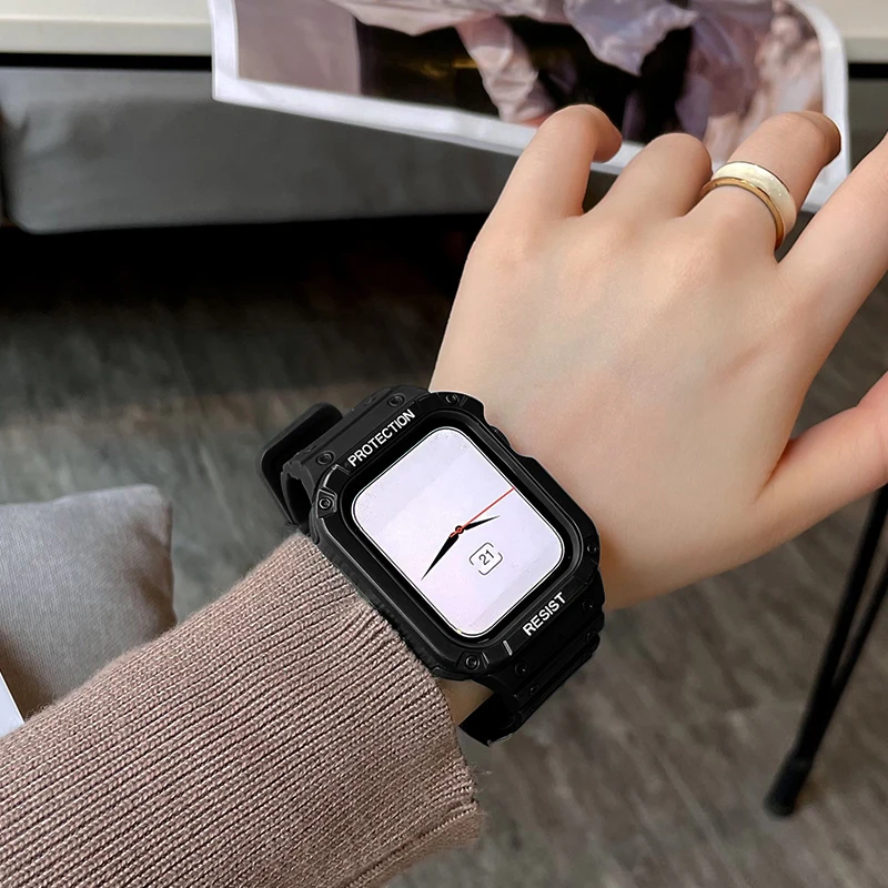 Чехол и ремешок для Apple Watch band 44 мм 40 мм 45 мм 41 мм 38 мм 42 мм, резиновый силиконовый Браслет для iWatch series 3 4 5 6 se 7