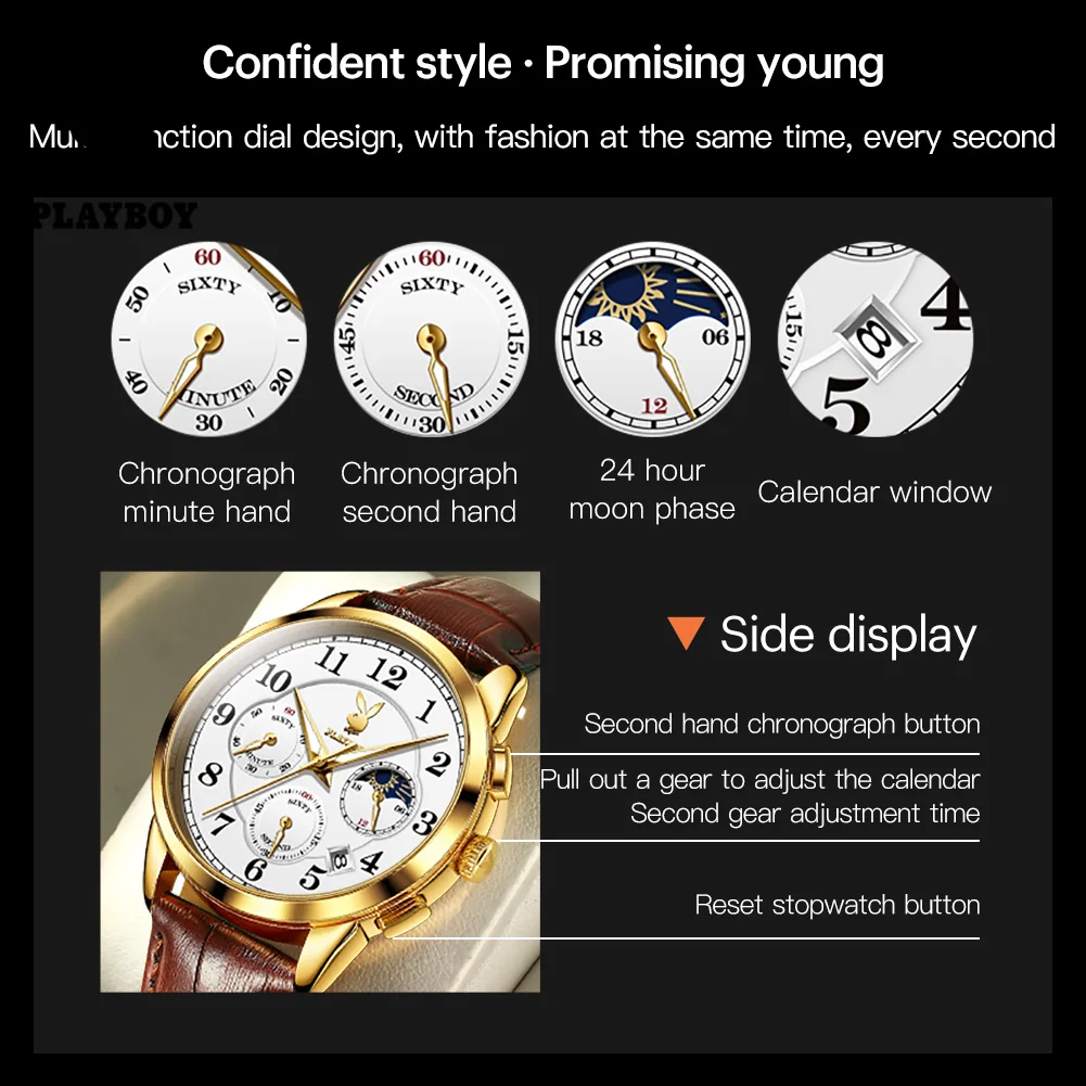 PLAYBOY High Quality Original Quartz Watch for Men Elegant Fashion Men\'s Wrist Watches Waterproof Leather Strap Luxury Man Watch