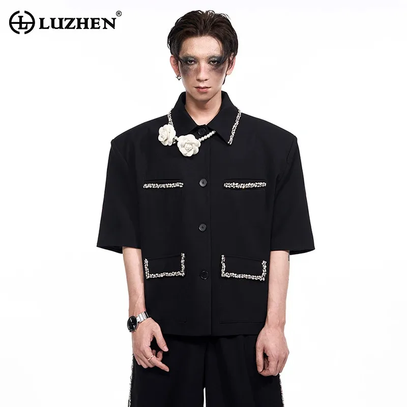 LUZHEN Elegant Diamond Patchwork Decorate Short Sleeve Big Luxury Lapel Shirts Men's 2026 Summer High Quality Casual Tops JY8208