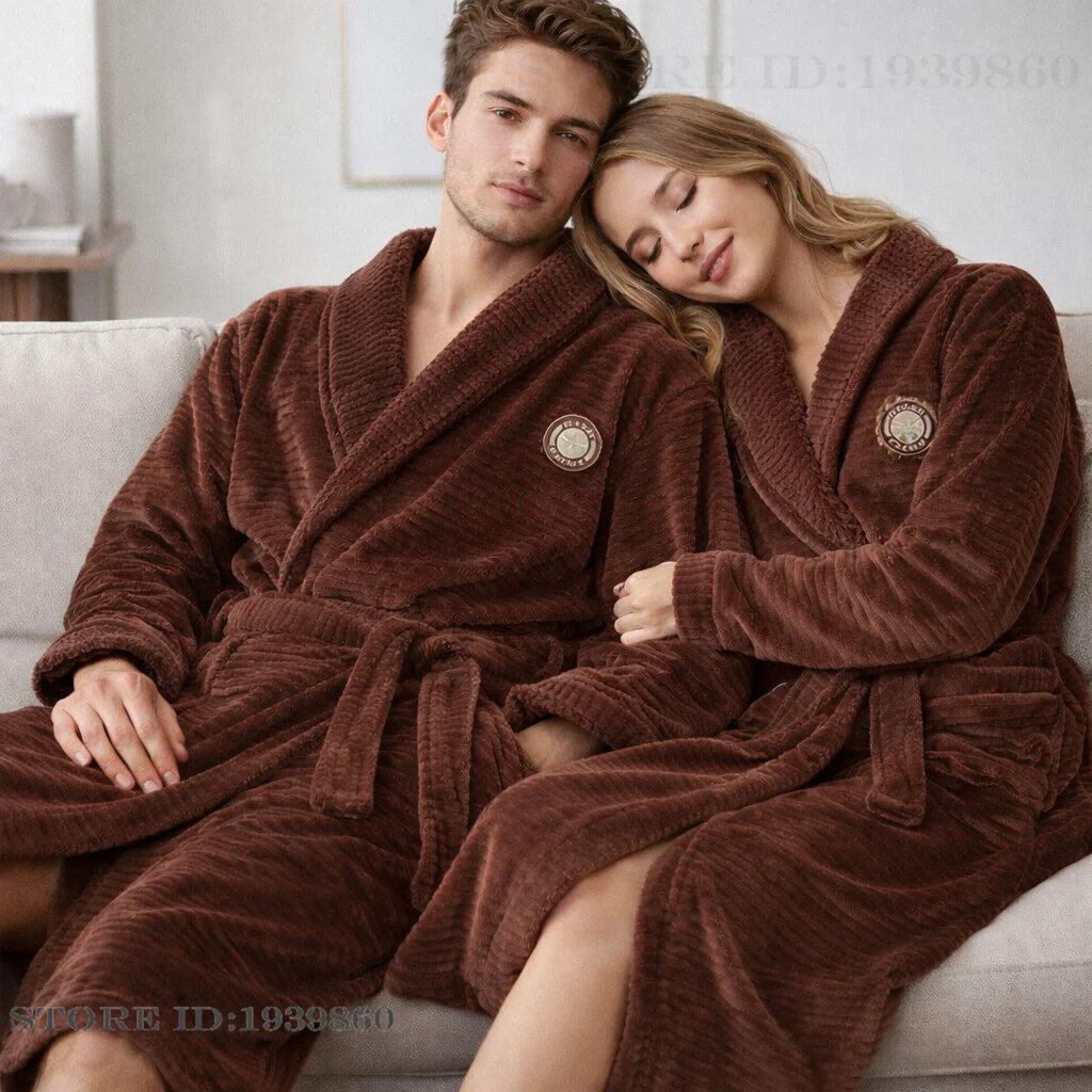 Thicken Flannel Men's Robe Kimono Bathrobe Gown Winter New Warm Couple Sleepwear Homewear Loose Coral Fleece Loungewear Pajama