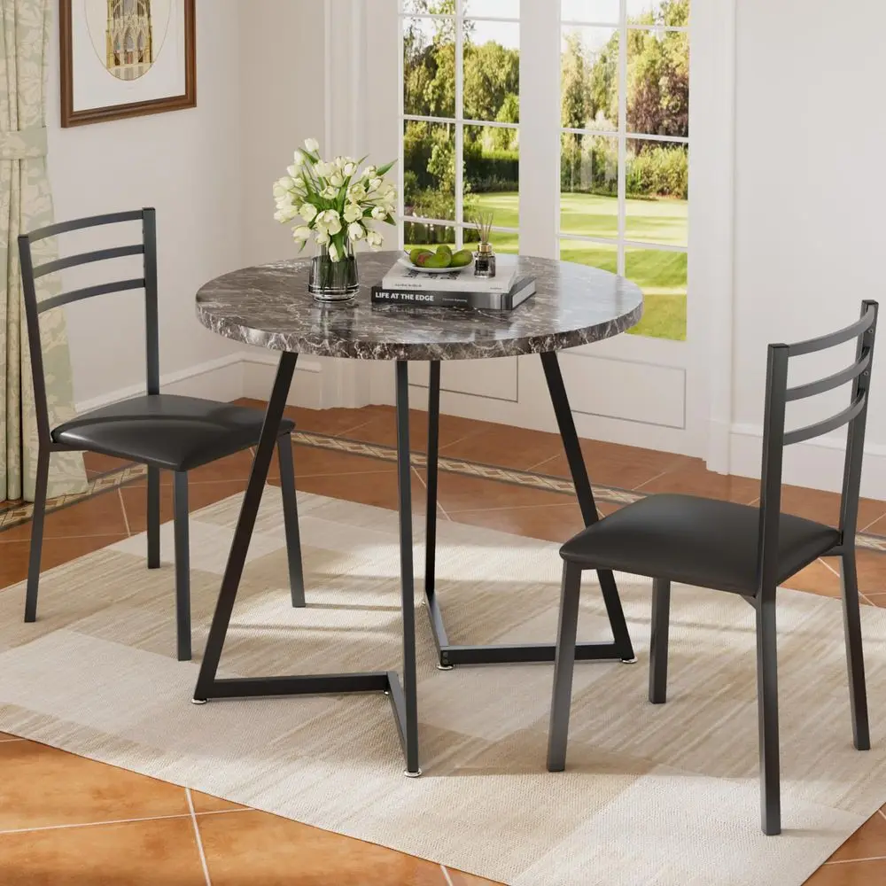 

Small Round Dining Table Set for 2, Wood Tabletop with Strong Metal Frame, Modern Dinette with Chairs for Kitchen, Breakfast No