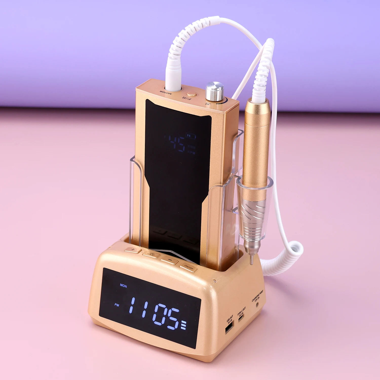 45000RPM Rose Gold Cordless Nail Drill Machine 85w Brushless Electric Nail File Nail Supplies Manicure with Charging Clock Base