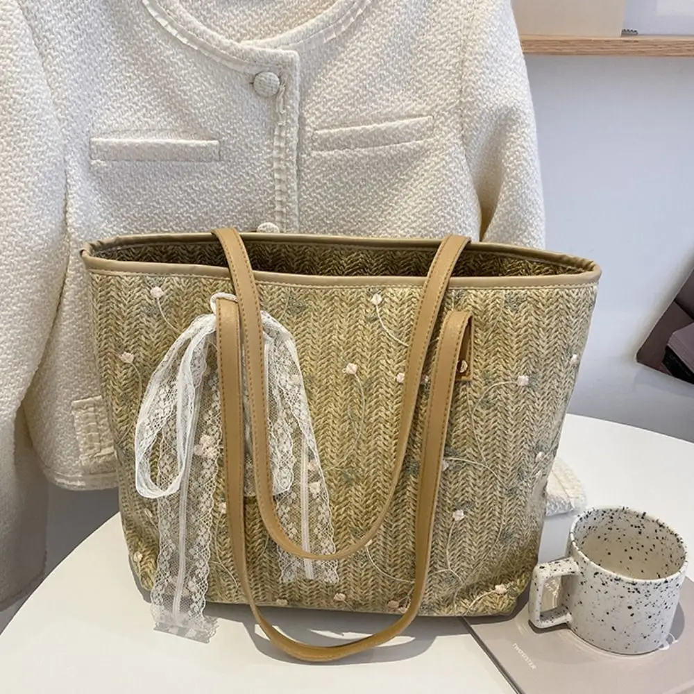 

Single Shoulder Large Capacity Straw Woven Shoulder Bag Portable Handmade Shopping Bag Lace Handbag Ladies