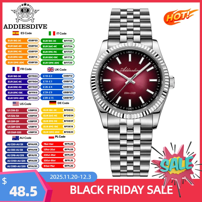 ADDIESDIVE New Men's Watch AD2073 Sapphire Glass 36mm VH31 Sunburst Quartz Watches 10Bar Waterproof Diving Luminous Wristwatch