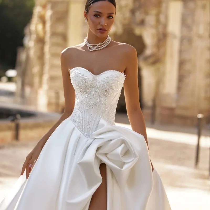 Satin White Wedding Dresses off-shoulder A skirt glitter decal vent Long tail Bridal Gowns Made Customized