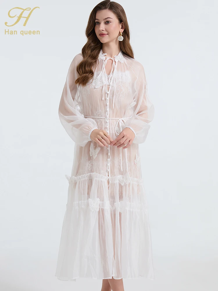 

H Han Queen Summer Sexy 2-Piece Set 3D Butterfly Embroidered Mesh Lace up Skirt Dress+Lace Strap Women Elegant Casual Skirt Suit