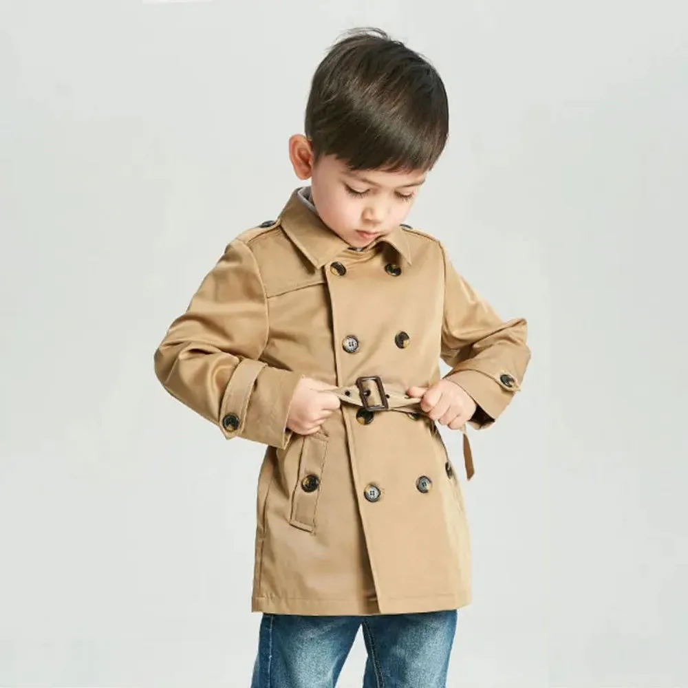 Boys Trench Coat Autumn/Winter Children Jacket Thickened Baby Handsome Top Mid Length Double Breasted Cardigan Girls Windbreaker
