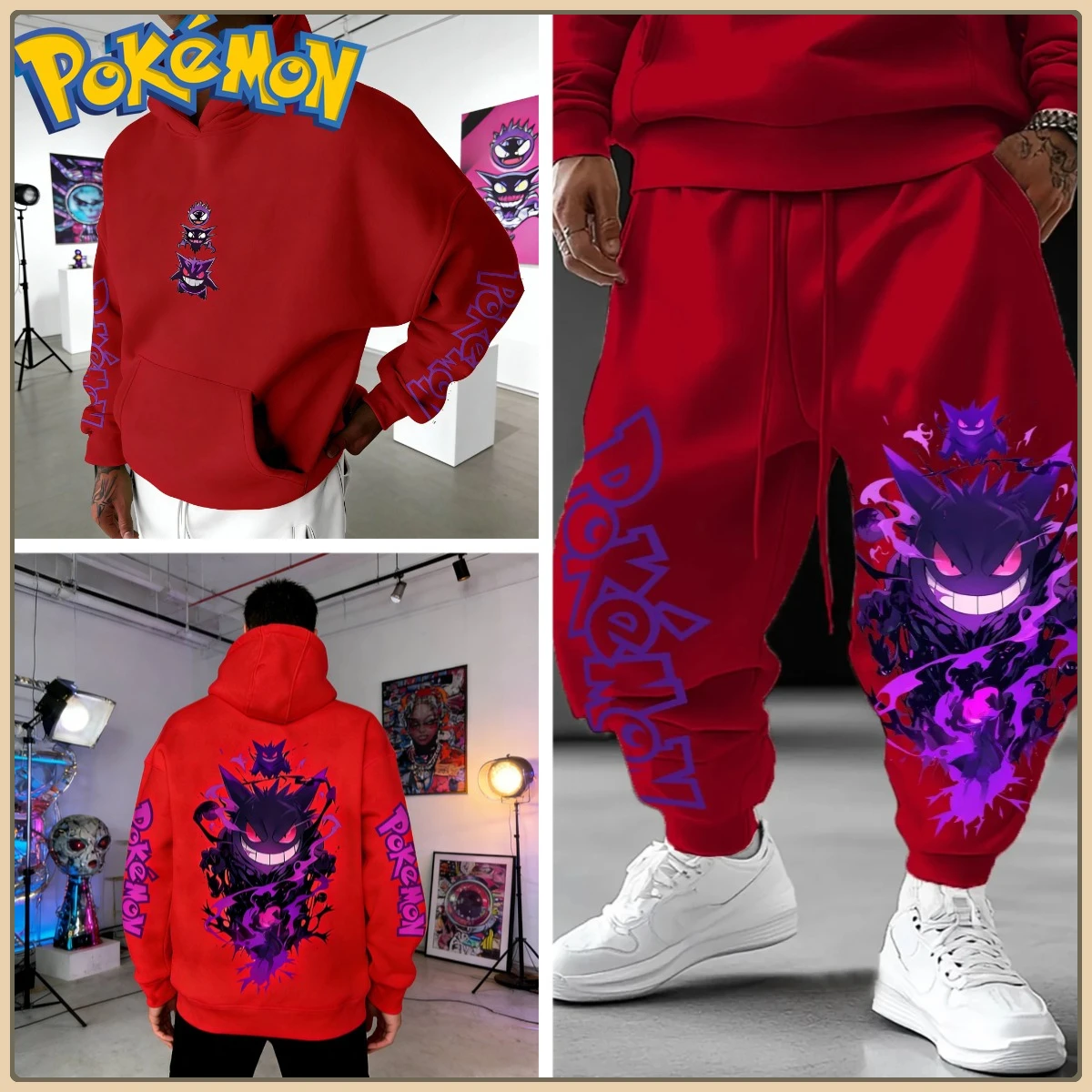 ชุดเสื้อฮู้ดสีดำและกางเกงขายาวพิมพ์ลายตัวละครโปเกมอนที่แขนเสื้อและข้างเสื้อ ชุดลำลองสไตล์สตรีทแอนิเมะสำหรับผู้ชายและผู้หญิง