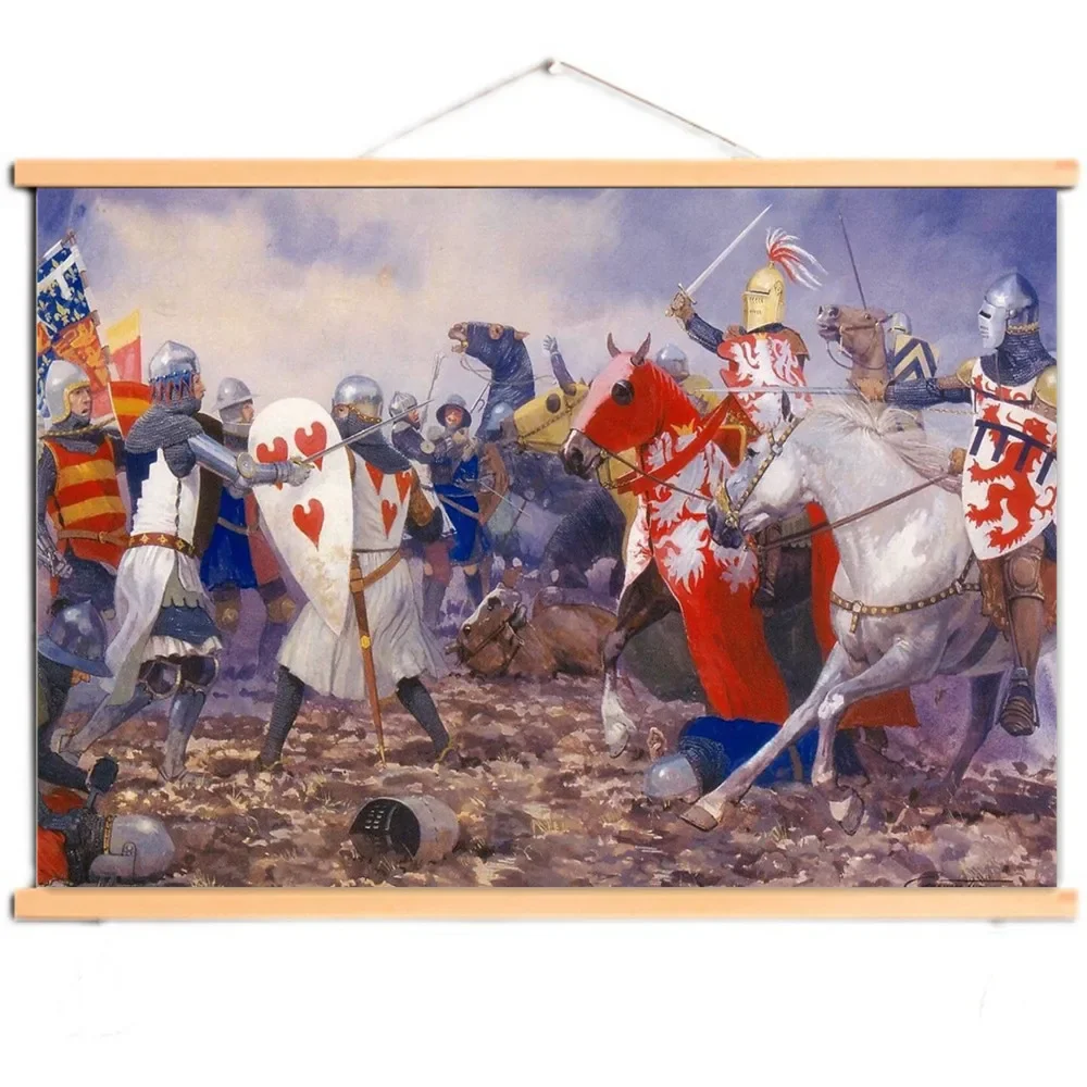 

The Crusades Wall Hanging Flag Vintage Home Decor, Knights Templar Art Posters Canvas Scroll Painting with Solid Wood Axis D4