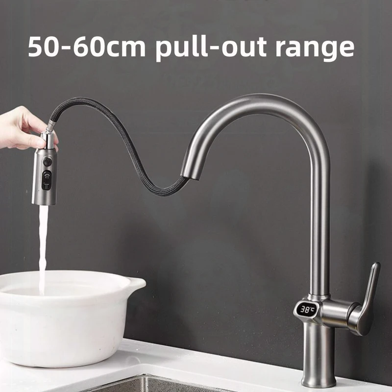 Digital Temperature  Display Pull Out Faucet Kitchen Single Handle Kitchen Sink Rotation Mixer Sprayer Hot And Cold Water Taps