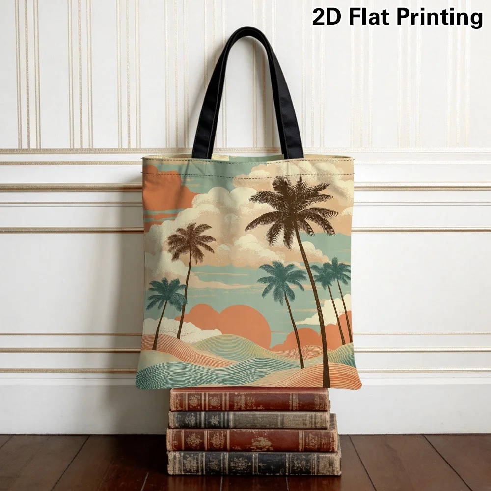 1pc [Tote Bag] 2D Flat Effect, Retro Nostalgic Style Palm Coconut Tree Sunset Waves Line Printed Tote Bag, Large Capacity Durabl