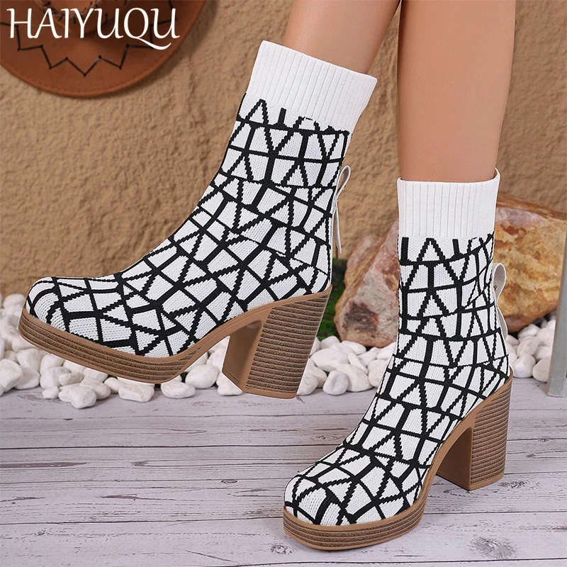 Women Knitting Sock Boots Elegant High Heels Shoes Woman 2025 Trend Fashion Winter Dress New Snow Pumps Ankle Boots Mujer Botas