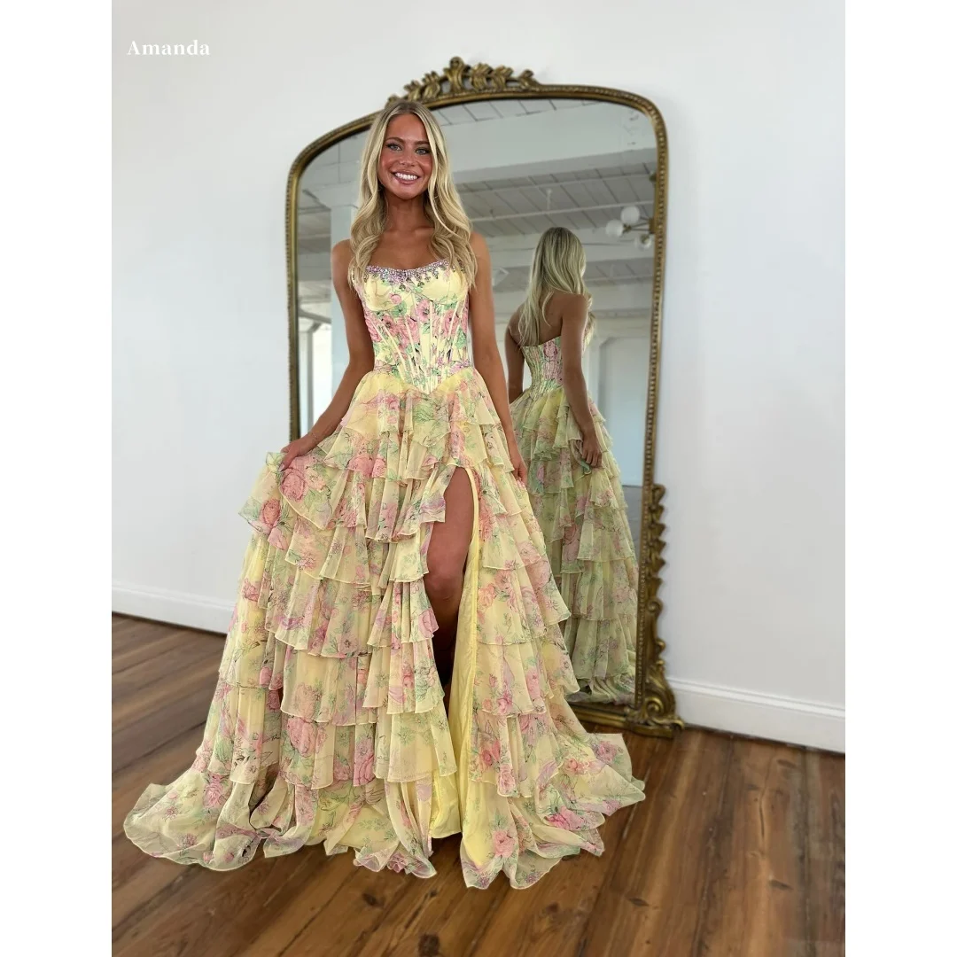 

Изысканное желтое вечернее платье Amanda с цветочным узором, без бретелек, с многоярусной юбкой, оборками и высоким разрезом, элегантное облегающее, коллекция 2025
