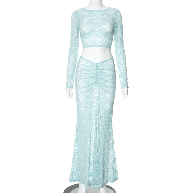 CUTENOVA Mesh See Through Summer Women 2-częściowy zestaw z długim rękawem Crop Top + Ruched Long Wrap Skirt Two Piece Sets Summer Beach Wear