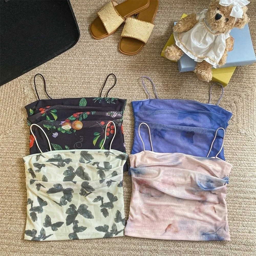 Chic Tie-dye Butterfly Vest Tops Gauze Sweet Camisole with Pads Elastic Slim Crop Tops Streetwear