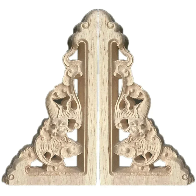 2PCS Wood Flower Carved Decal Corner Onlay Applique Frame Door Furniture Wall Unpainted for Home Cabinet Door Decor