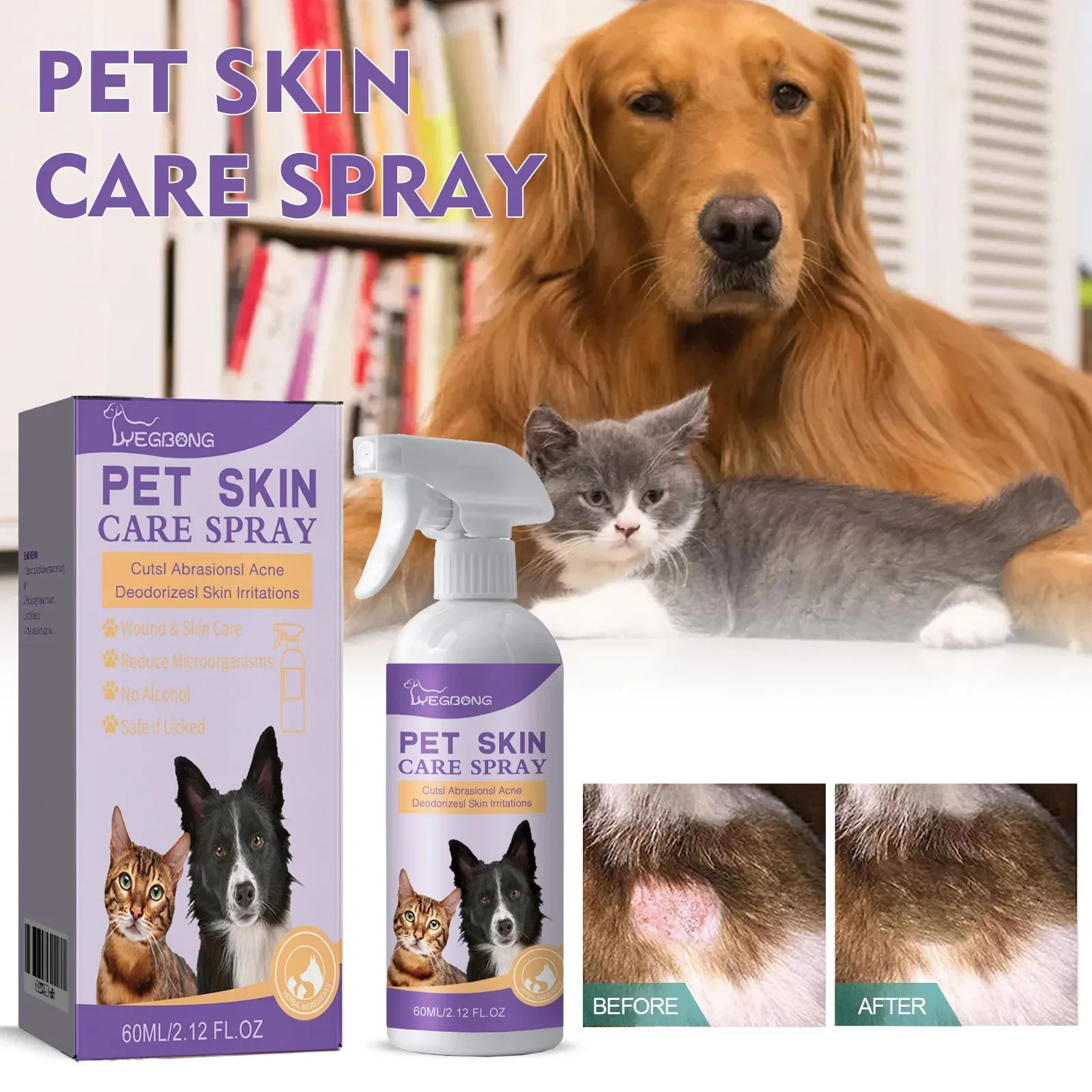 Spray de Limpieza en Seco para Pelo de Perros y Gatos, Spray para el Cuidado de la Piel, Tratamiento para Pulgas y Ácaros en Mascotas, Reparación de Heridas en Mascotas, Suero para el Crecimiento del Pelo en Gatos