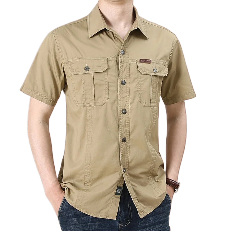Summer-Men's-Multi-Pocket-Workwear-Shirt-Cotton-Casual-Men's-Short-Sleeved-Shirt-Sleeve-Solid-Color-Work-Tops-For-Male
