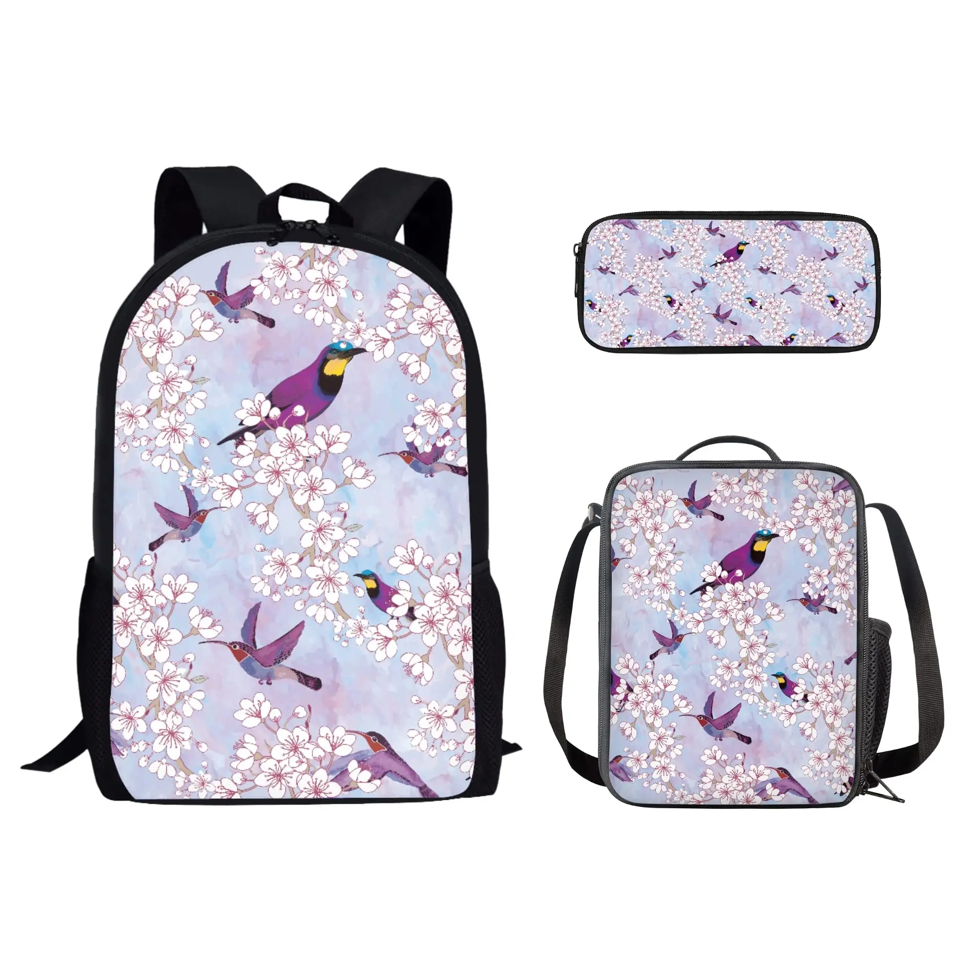 Sac à Dos Floral Rose Colibri pour Bol, Sacs d'École avec Boîte à Déjeuner, Trousse à Crayons, Sac à Livres pour Enfants, Sac à Dos Décontracté pour Étudiant, Ensemble de 3