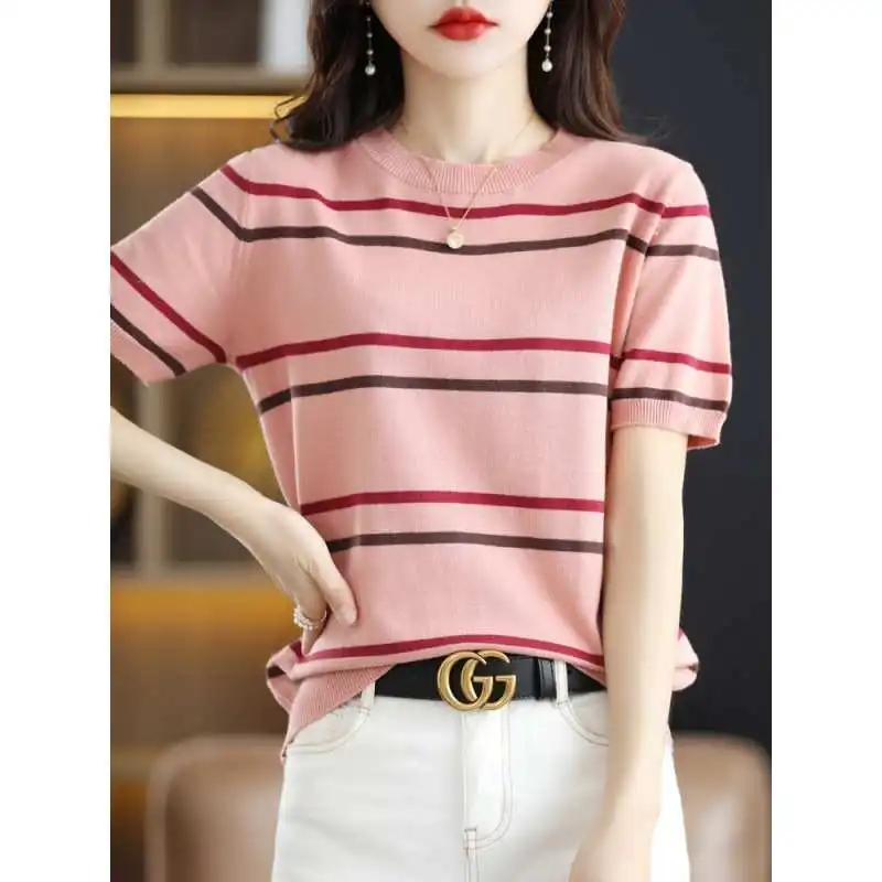 

Striped Knitted ort-Sved irt Women's Regenerated Cellulose Fiber Cotton 00% Autumn Season Versatile G