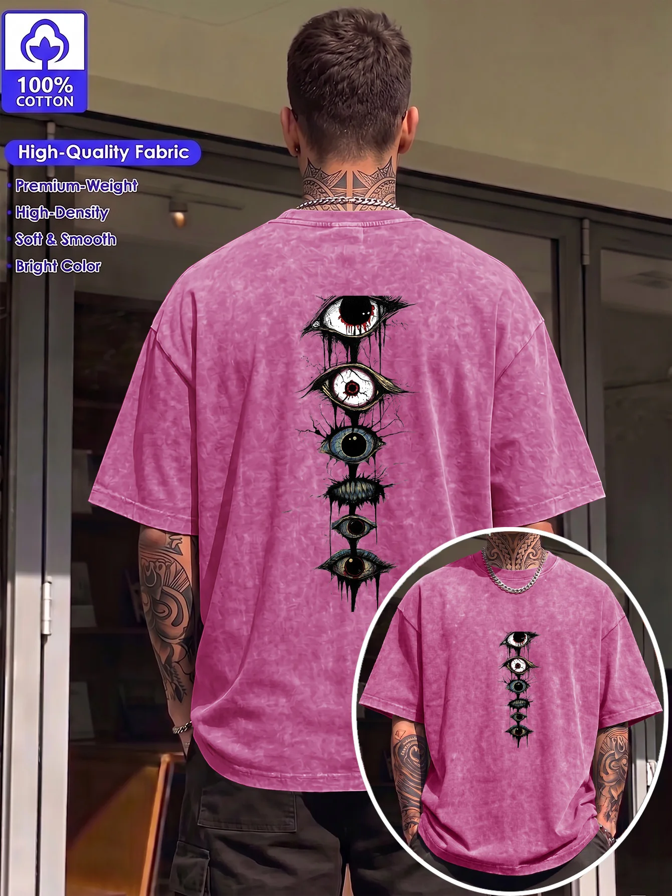 Men 100% Cotton Vintage Washed Loose T Shirt Double Sided Vertical Dark Eye Graffiti Y2K Streetwear Casual Short Sleeve S-3XL