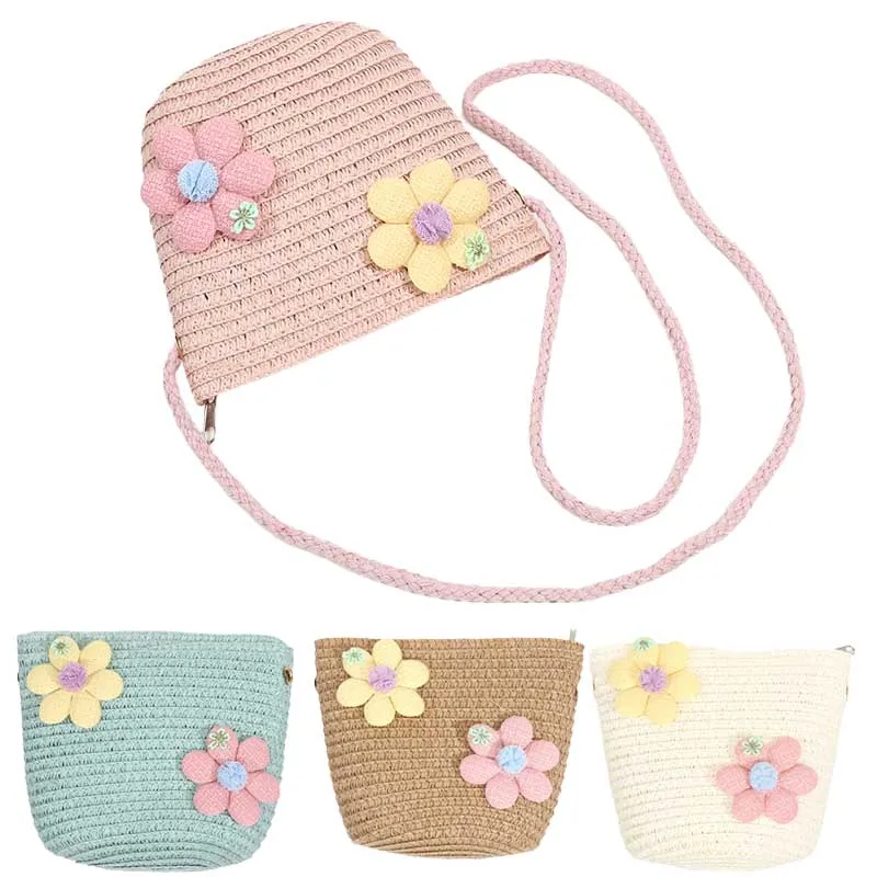 

Соломенная сумка на молнии с цветком для девочек, милый реквизит для фотосессии, тканые детские сумки-мессенджеры ручной работы, корзина для хранения, кошелек для монет, сумка через плечо